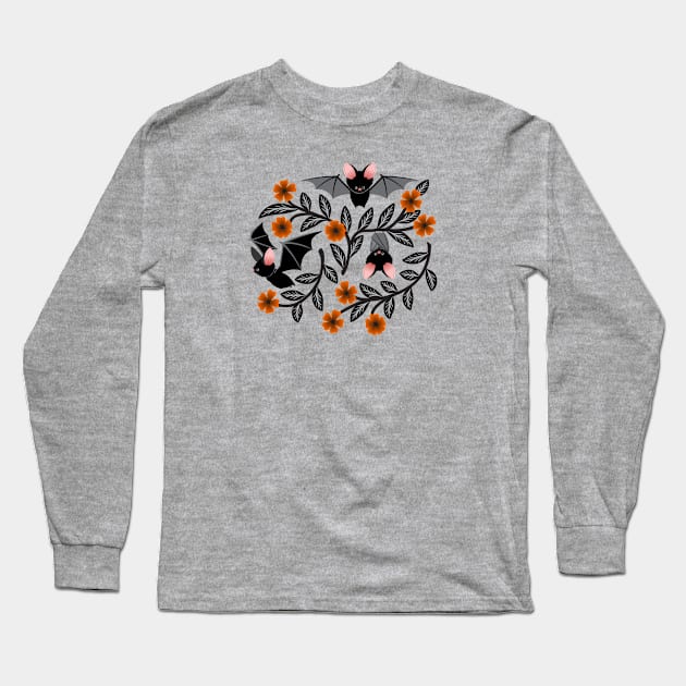 Halloween bats with flowers Long Sleeve T-Shirt by Jennifer Ladd